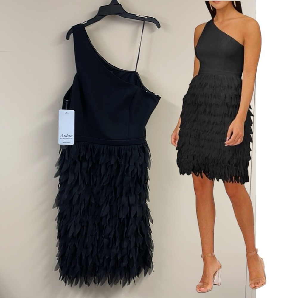 Aidan Mattox Women's Black Chiffon Feather Cocktail Dress NWT Size 16